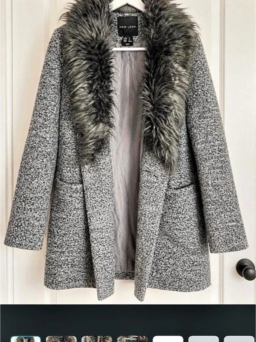 New Look Gray & Black Faux Fur Collar Coat Like New
